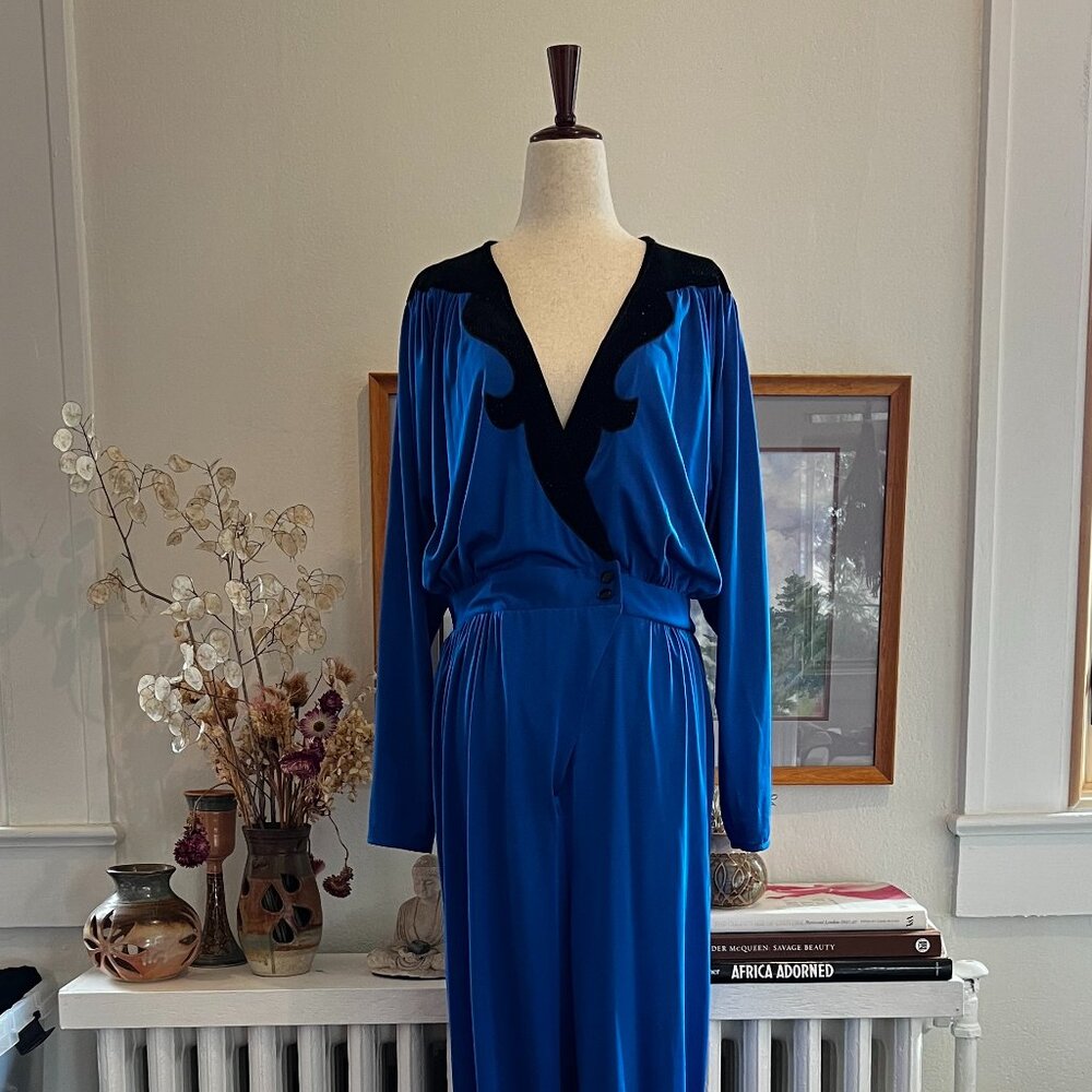 Oscar de la Renta for Swirl Blue Silk Jumpsuit | Black Velvet Trim | Vintage